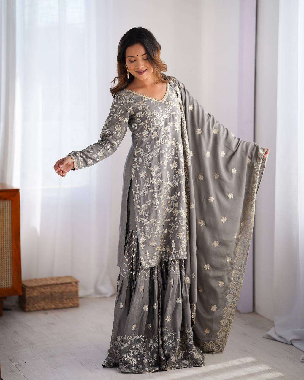 Women's Chinon Silk Embroidery Sequence Work Straight Kurti With Sharara Suit and Dupatta Set - Image 9